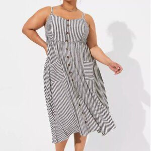 Torrid Midi Linen Pocket Button Front Sundress- Navy Stripe- Size 3